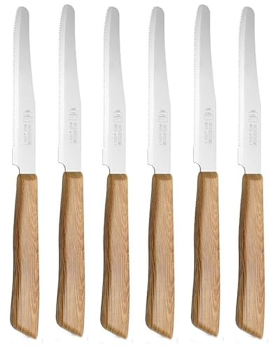 Set da 6 Coltelli da Tavola Made in Italy in Acciaio Inox con Punta Arrotondata e Lama Seghettata Manico Effetto Legno rovere beje 22 cm Lavabili in Lavastoviglie e Professionali