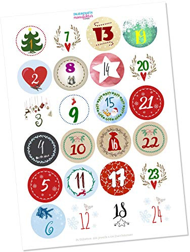 Adventskalender-Zahlen Aufkleber 1 bis 24 / Bunter Mix/Etiketten/Sticker/Weihnachtskalender/Advent/Rund/DIY/zum Aufkleben