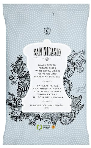 SAN NICASIO - Patatas Fritas Gourmet con Pimienta Negra y Sal Rosa del Himalaya | Pack 14 Bolsas de 150 g | Elaboradas con Aceite de Oliva Virgen Extra con D.O.P. Priego de Córdoba