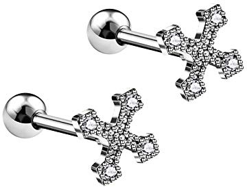 KJM FASHION 2 Stk Stahl Barbell 1,2mm 16g 6 mm 1/4 Mikroeinstellung Irisches Kreuz klar Kristall Cartilage Helix Tragus 3mm Kugel Ohrringe Piercing Schmuck 5713