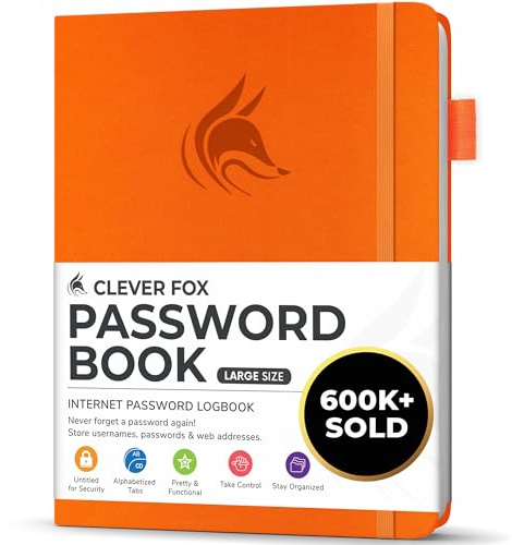Clever Fox Passwortbuch mit Registerkarten, Großes, Orange | Adress- und Passwort-Organisationsbuch mit alphabetischen Registerkarten - Passwortbuch für Computer- und Website-Logins