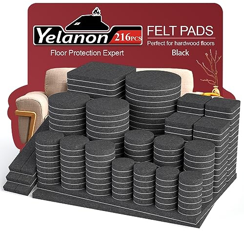 Yelanon Filzgleiter selbstklebend für Stühle 216 Stück, Schwarz | Filz selbstklebend Möbelgleiter und Stuhlgleiter, kratzfester Bodenschoner für Holz- und Hartböden
