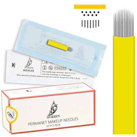 AWAKEN Aguja de Sombreado Microblading 17Pin Double Flat de labios de cejas pre estéril Eo Gas maquillaje permanente Desechable 0.25mm/50pcs(17 DU)