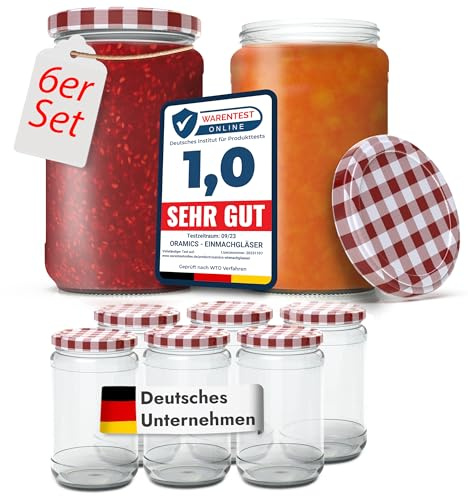 Oramics Einmachgläser 315ml mit Schraubdeckel – 6er Set Marmeladengläser & Vorratsgläser – Luftdichte Schraubgläser zum Einkochen & Fermentieren (Karomuster Deckel)