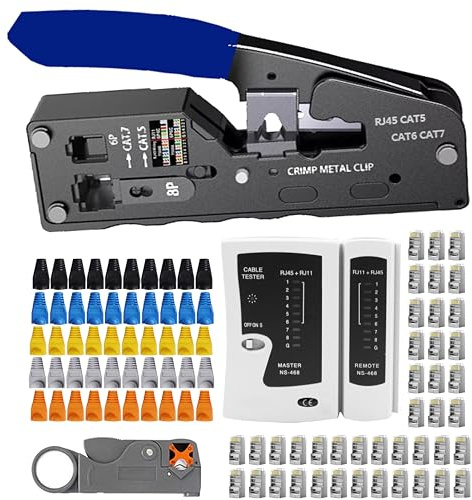 MAYLINE Network Crimp Tool RJ45 RJ11 Cat5 Cat6 Pass Through Crimper with 10pcs Connetors and 10pcs Covers Cable Tester Cutter Set, Network Multi-Function Cable Crimping Tool(Blue)