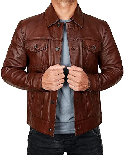 LP-FACON Veste de camionneur en cuir noire pour homme - Coupe slim Style vintage motard cowboy occidental, M