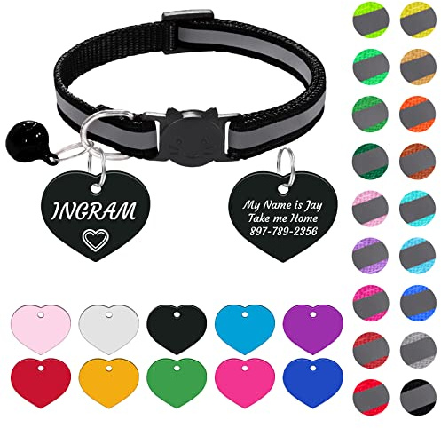 Uiopa Reflektierendes Katzenhalsband + Plakette mit Gravur, Katzenhalsband mit Namen, Katzenhalsband mit Sicherheitsverschluss und Glöckchen, Verstellbar Katzen Halsband Personalisiert