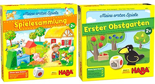 HABA 304223 - Meine ersten Spiele – Spielesammlung, 10 erste Spiele auf dem Bauernhof & 4655 - Meine ersten Spiele Erster Obstgarten, unterhaltsames Brettspiel rund um Farben und Formen ab 2 Jahren