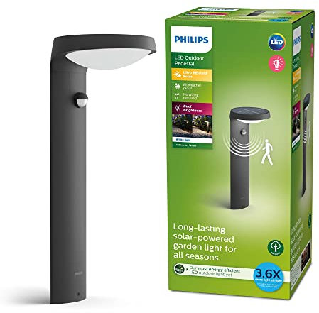 PHILIPS Tyla Ultra Efficient Solar Post Light [1 x 9W Warm White] Anthracite Grey, for Outdoor Path Lighting, Garden