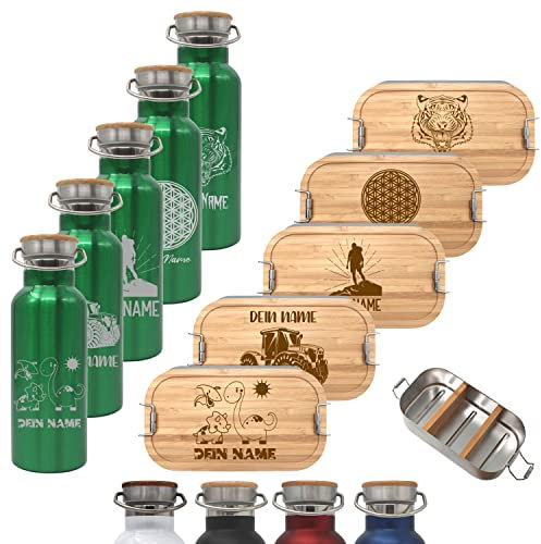 Brotdose 700ml mit Fächern und Trinkflasche 500ml aus Edelstahl mit Namen personalisiert, Lunchbox und Isolierflasche für Kinder und Erwachsene Brotzeitbox (Flasche GRÜN, Kleine Lunchbox 700ml)