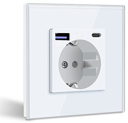 BSEED Schuko Steckdose mit USB C 20W Schnellladegerät USB Type C Wandsteckdose mit Glas Panel, USB Steckdose Unterputz, Einbausteckdose Geeignet für Phone, Pad,MP3 und mehr-Weiß