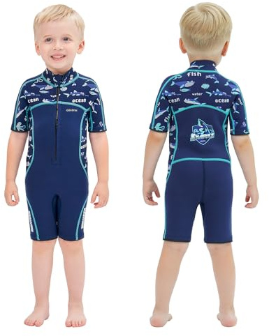 Goldfin Kids Wetsuit for Boys Girls, 3mm Shorty Wetsuits Neoprene Front Zip Wet Suits for Water Sports Surfing Swimming Snorkeling Diving Blue Size 2