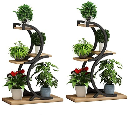 AFLCIO 6-stöckiges Metall-Pflanzenständer-Regal, kreative Halbmondform, Leiter, Blumentopfständer, für Zuhause, Terrasse, Rasen, Garten, Balkon, Halter, Holz, Schwarz