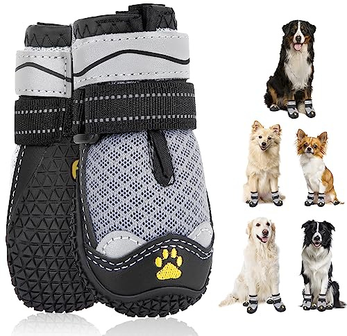 SlowTon Hundeschuhe Pfotenschutz, 2 Stück atmungsaktive Hunde Schuhe Outdoor mit Rutschfester Sohle, verstellbarem reflektierendem Klettverschluss Hundestiefel für kleine, mittlere und große Hunde