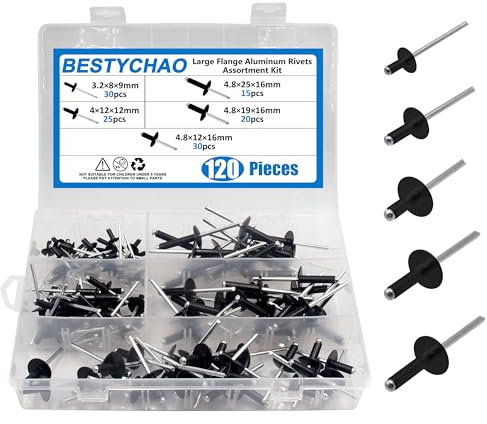 BESTYCHAO 120 Stück Aluminium Blindnieten, 5 Größen Pop Nieten Sortiment Kit 3.2mm, 4mm, 4.8mm zum Verbinden von Metallplattenrohren (schwarz)