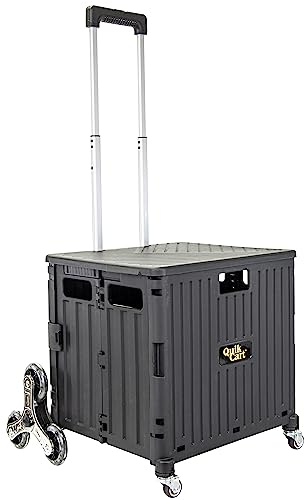 dbest Products Quik Cart Stair Climber Wheeled Rolling Crate Teacher Utility with seat Heavy Duty Collapsible Basket with Handle, 18 D x 17 W x 39 H, Black