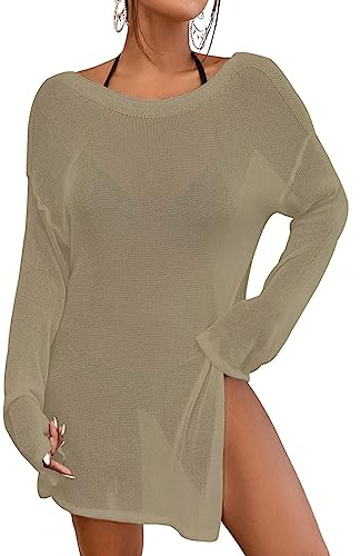 Bsubseach Vestido de Playa para Mujer Top de Ganchillo con Manga Larga Cubrir Traje de baño Ver a Través Camello