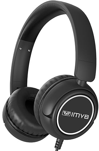 IMYB Kinder kopfhörer, Kopfhörer für Kinder mit Kabel, faltbar, Stereo Sound, Sichere Lautstärkebegrenzung, 3,5 mm Jack, Over Ear Kinderkopfhörer für Schule, Junge, Mädchen, Tablet, PC, Schwarz
