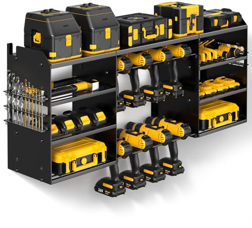 POKIPO Grand support mural pour outils électriques, support de perceuse sans fil robuste à 4 niveaux, rangement en métal pour 8 perceuses, support multi-usages noir pour garage et établi