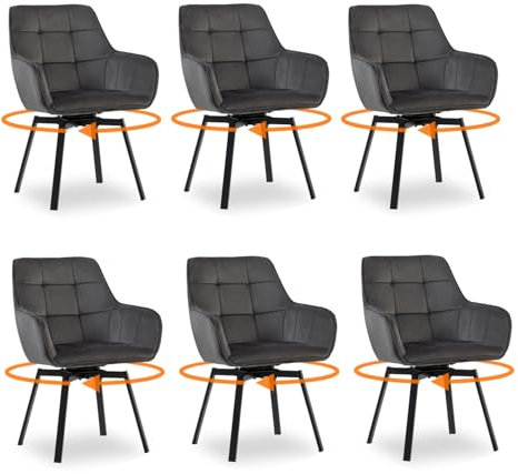 CLIPOP Esszimmerstühle Drehbar Set mit Armlehne, Samt Polsterstuhl Gepolstert Sitz Küchenstuhl Drehstuhl Armlehnenstuhl für Esszimmer Wohnzimmer Büro (6er Set, Samt Dunkelgrau)