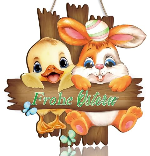 TOARTi Frohe Ostern Hängedeko Türschild,Willkommen mit Buntes,Happy Easter Deko,Türhänger schild mit Häschen Festlich schild Küken für Indoor Outdoor