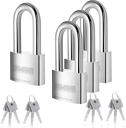KAWAHA 41/50L-4PS - Vorhängeschloss mit langem Bügel, 50 mm, hochsicher, aus Edelstahl, mit Edelstahlschlüssel, für den Innen- und Außenbereich (rostfrei, witterungsbeständig) (50 mm, mit