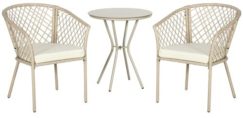 Outsunny Rattan Gartenmöbel-Set 3-TLG., Gartengarnitur mit Couchtisch, 2 Stühlen, Balkonmöbel-Set mit Kissen, Gartensitzgruppe für Balkon, Terrasse, Khaki