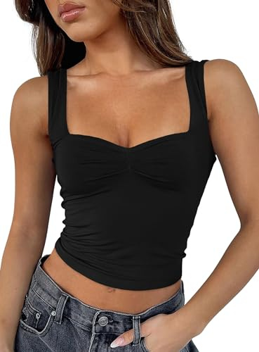 ROFUSSO Débardeur D'été sans Manches Y2K pour Femmes Top Cami Basique Top à Bretelles Spaghetti sans Dos Top Gilet Bustier Plissé Sexy à Encolure en Cœur