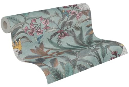 A.S. Création Dschungel-Vliestapete – Grün, Blau, Pink – 0,53 x 10,05 m | Natürliches Dschungel-Motiv als natürlicher Blickfang – matte Motivtapete, einfach zu verkleben & spurlos abziehbar
