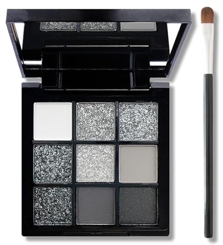 9 Farbe Smokey Lidschatten Palette, Hochpigmentiert Lidschatten Schwarz Dunkel Grau Weiß Eyeshadow Palette Mit Spiegel, Matt Shimmer Weicher Glatter Puder Liedschatenpalete Zu Halloween (02 Smoky)