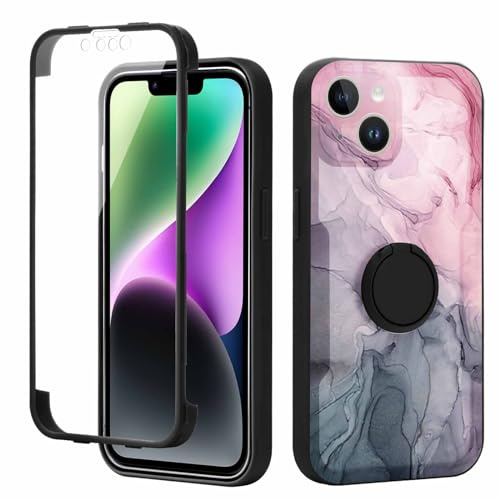 Yoedge Kickstand Phone Case for iPhone 15 6.1, 360°Rotatable Magnetic Ring Holder Cases,Full Body Shockproof Silicone TPU Back Cover with Built-in Screen Protector, Grey Marble