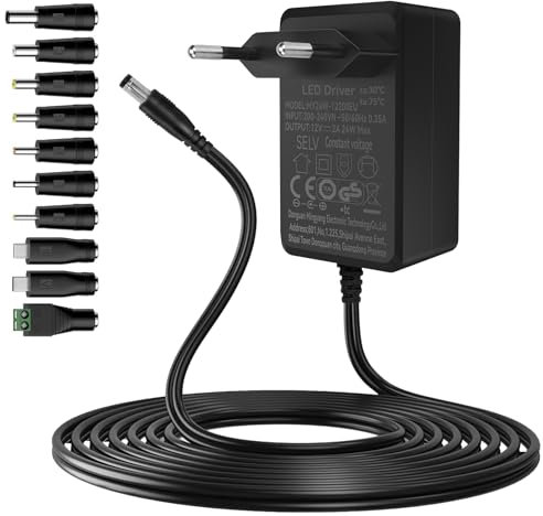 Gonew21 Adaptateur Secteur Alimentation 12V - Adaptateur AC/DC 2M Fil 5 Fiches, Universel 12V 2A 24W Sortie, Entrée AC/DC Adapter 110-240V 50-60HZ, pour Bande LED, Routeurs et Autres(~2A)