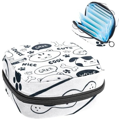 Aufbewahrungstasche für Damenbinden, Menstruationstasse, Tamponbeutel, Periodeneinlagen-Halter, Organizer für Frauen und Mädchen, niedliche Hunde, schwarz-weißes Weltmuster