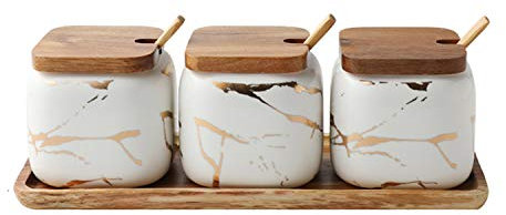Juego de recipientes de cerámica para especias con etiqueta y tapa de bambú, cuchara, azúcar, sal, pimienta, especias, tarro de utensilios de cocina, bandeja blanca