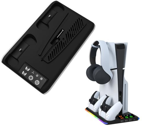Ysislybin Cooling Base, PS5 Slim Stand PS5 Stand with LED Light PS5 Stand with 3 RGB Lighting Modes Equipped Ps5 Slim Stand with PS5 Fan, 3 USB Ports And 1 Type-C Adapter