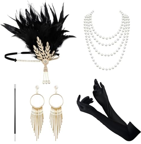 SilverChry Gatsby Accessoarer dam, 20-tals damkostym, karnevaldräkt, karnevalstillbehör, 20-tals dekoration, 20-tals kostym, tillbehör, karneval, hårband dam, Moulin Rouge kostym, svart, M