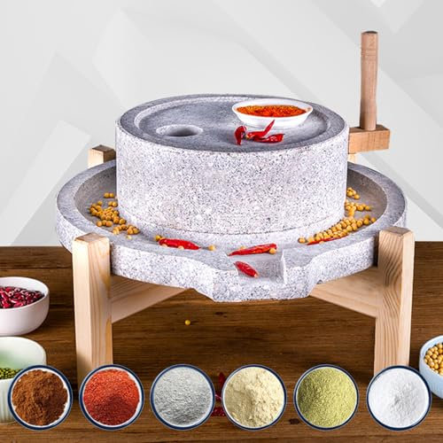 Hand Grain Mill Stone,Stone Mill Grinder, Household Handmade Stone Mill, Hand Crank Powderiser, Wet Dry Cereal Grinder for Grain, Bean, Sesame Seeds, Peppers, Spices, with Wooden Frame, Easy