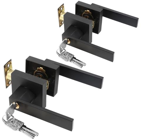 Petyoung 2 Pack Door Handle Set with Lock and Key, Bathroom Door Handle Internal Door Handles, Thumb Turn & Release Set, Matt Black Door Lever Handle Lock for Bedroom, Bathroom, Office