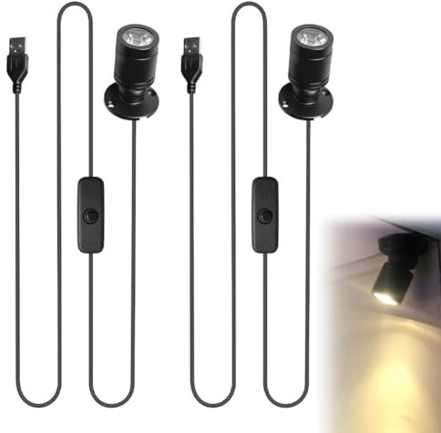 Kayuneed 2er-Pack Mini LED Spotlicht, 5V 3W USB LED-Strahler, 360° Schwenkbar Aluminium Spotlight, Akzentlichter für Schrank, Flur, Galerien, Schmuckvitrinen(Warmweiß 3000K)