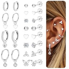 CASSIECA 15 par örhängen för kvinnor, öronpiercing, kirurgiskt stål, medicinska Huggie-creoler, allergivänliga piercingörhängen, 6 mm x 8 mm, Rostfritt stål