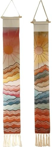 Lipfer Confezione 2 Arazzi Boemia Alba Astratta 'Oceano Appeso a Parete con Nappe Decorazione Parete Natura Verticale per Soggiorno Camera Letto Bagno Arazzo Parete Lungo E Stretto