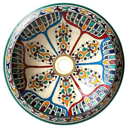 Lavabo Marocchino in Ceramica Dipinta a Mano, Lavandino da Incasso o Appoggio, 35 cm, Artigianale di Fes, Decorato Tradizionale
