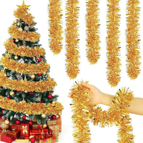 SULOLI 10 Meter Weihnachtsgirlande Gold,Tannengirlande,Weihnachtsbaum Lametta Girlande für Indoor Außen und Treppe Weihnachtsdeko