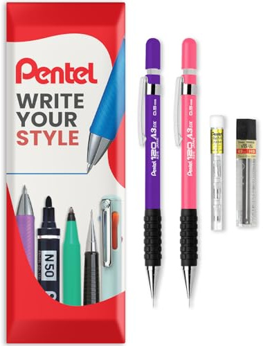 Pentel 120 Series Automatischer Druckbleistift A315 + 12 HB-Mine + Tube Radiergummi-Nachfüllminen – in Kissenverpackung – 0,5 mm – Packung mit 2 Bleistiften, Violett und Rosa