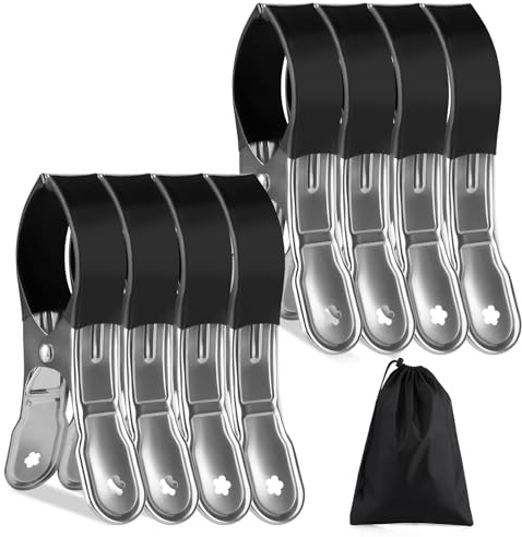 8 Stück Edelstahl Handtuchklammern, rutschfeste Strandtuch Klammern, Wäscheklammern mit Kordelzugtasche für die Tägliche Wäsche, Handtücher, Badetücher, Bettwäsche und Dicke Kleidung