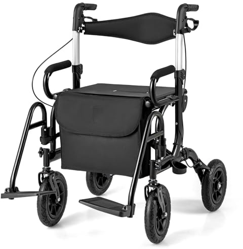 RELAX4LIFE Rollator Faltbar und Leicht mit Sitz, Aluminium Rollstuhl Reiserollator,Gehwagen 6-fach Höhenverstellbar,Laufhilfe mit Stockhalter Tasche,Gehhilfe mit 23cm Reifen für All Gelände (Schwarz)
