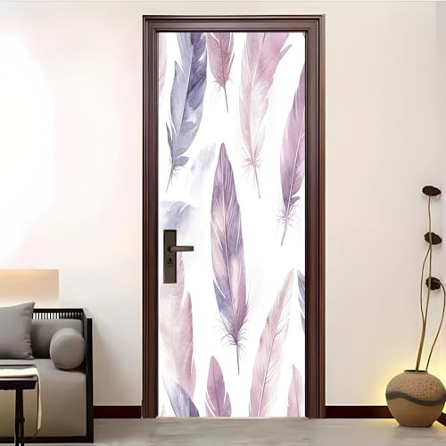 Türfolie Selbstklebend Türaufkleber Tierfeder-Drucke Modern Decoration 3D Türposter 90x200 cm, PVC Wasserdicht Abnehmbar Weiß Türtapete für Innentür Außentüren Sanierung