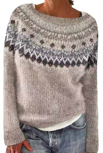 Generisch Jersey noruego para mujer, elegante, cálido, suéter de invierno, tallas grandes, jersey de punto estampado, cuello redondo, suéter informal, suéter de lana, cómodo y suave