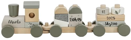 Mainely Personalisierbarer Holz-Stapelzug Olivgrün – Zur Taufe – Fördert die Feinmotorik und das Formenlernen – Für Kinder ab 18 Monaten – Mit Namen & Taufdatum personalisierbar – Label Label