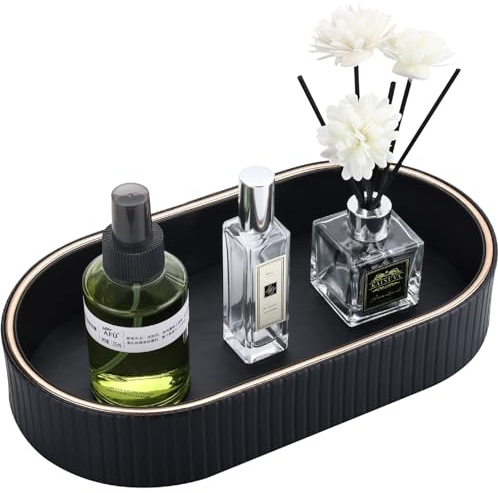 GORESE Badezimmer Tablett, Leder Oval Deko Tablett Schmuckablage Vanity Ablageschale Taschenleerer Tischtablett für Schminktisch,Seifenspender,Toilette, Badewanne, Kerzen, Küchenspüle(Schwarz)